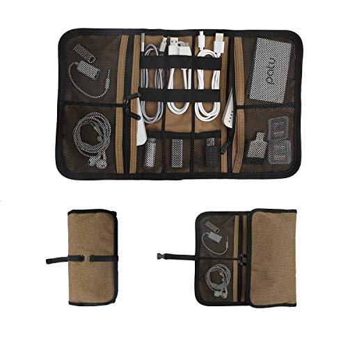Patu Roll Up Electronics Accessories Travel Gear Organizer Case, Portable Universal External Batteries Hard Drives Cables Cosmetics Kit Bag, Champagne Gold