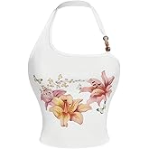 Milumia Women's Beaded Floral Backless Halter Top Asymmetrical Sleeveless Y2k Tank Tops