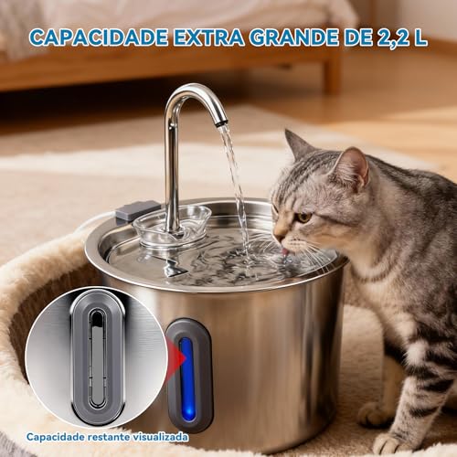 Mstail Fonte de Água pra Gato, Bebedouro para Gatos Silenciosa Inox Carvão Ativado LED Indicador Fonte De Água para Cães e Gatos (2,2L, TY10)