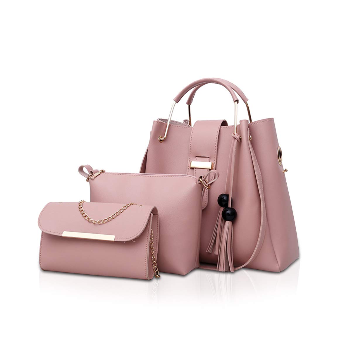 NICOLE&DORIS Women Handbags 3 Pcs Set Bucket Shoulder bags Travel Cosmetics Bag Pink