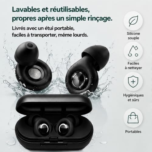 Bouchon D'oreille Pour Dormir【2026 Version Améliorée】Anti-Bruit 45 dB, Bouchons Réutilisables en Silicone Souple et Ergonomiques，4 Tailles (XS/S/M/L), Adaptés Pour Dormir/Voyager/Se Concentrer/Concert