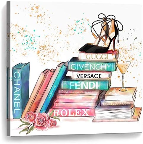 Wall Art For Bedroom Book High Heels Print Pictures Framed Canvas Art Work Wall Decor For Bathroom Girls Room Modern Chanel Room Decorations Black High Heels On Books Size 14x14 Inches Easy
