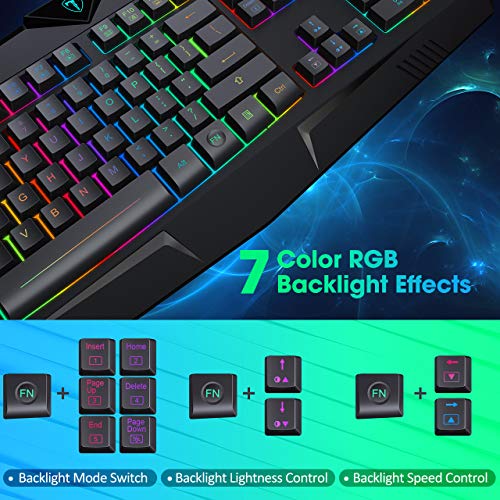 PICTEK RGB Gaming Keyboard USB Wired Keyboard, Crater Architecture Backlit Computer Keyboard with 8 Independent Multimedia Keys, 25 Keys Anti-ghosting, Splash-Proof, Ideal for PC/Mac Game, Black