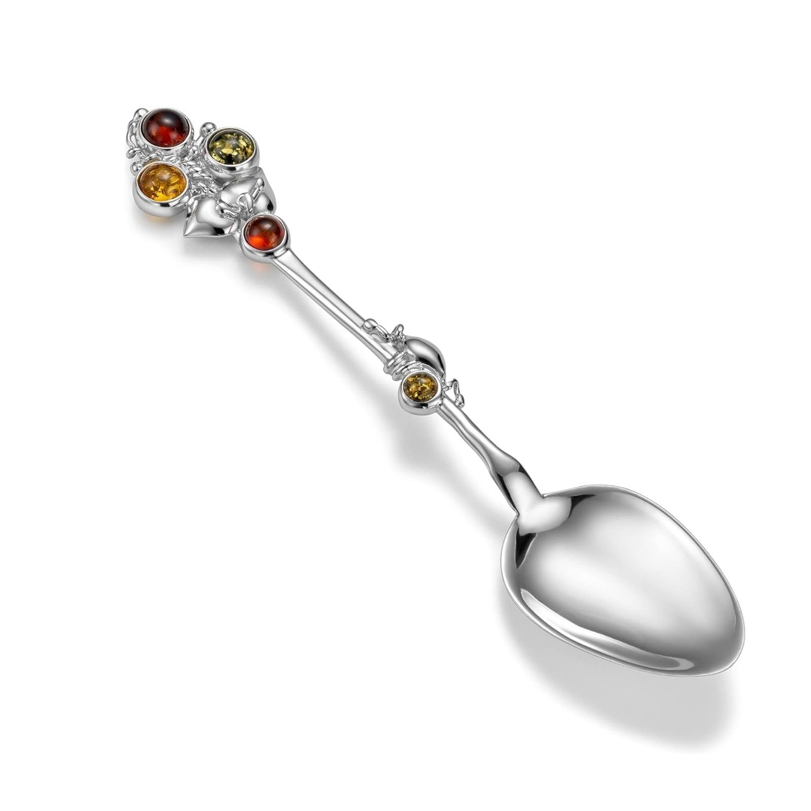 fish Handcrafted Silver Spoon With Amber Stones For Baby Shower And Christening Gifts