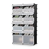 iKayaa DIY Plastic Shoes Rack 16 Cube Water-Proof Shoes Storage Organizer Cabinet with Door for 32 Pairs, 2 extra large Cube for Boots