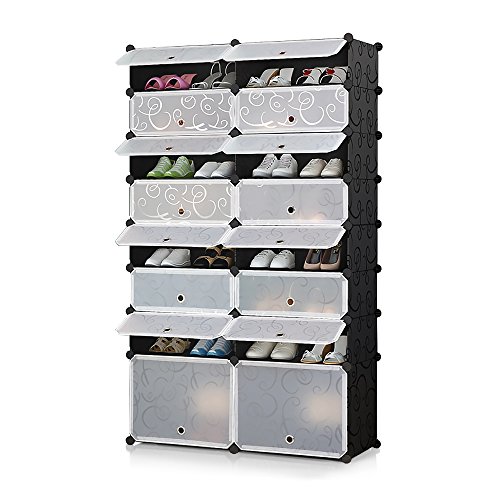 iKayaa DIY Plastic Shoes Rack 16 Cube Water-Proof Shoes Storage Organizer Cabinet with Door for 32 Pairs, 2 extra large Cube for Boots