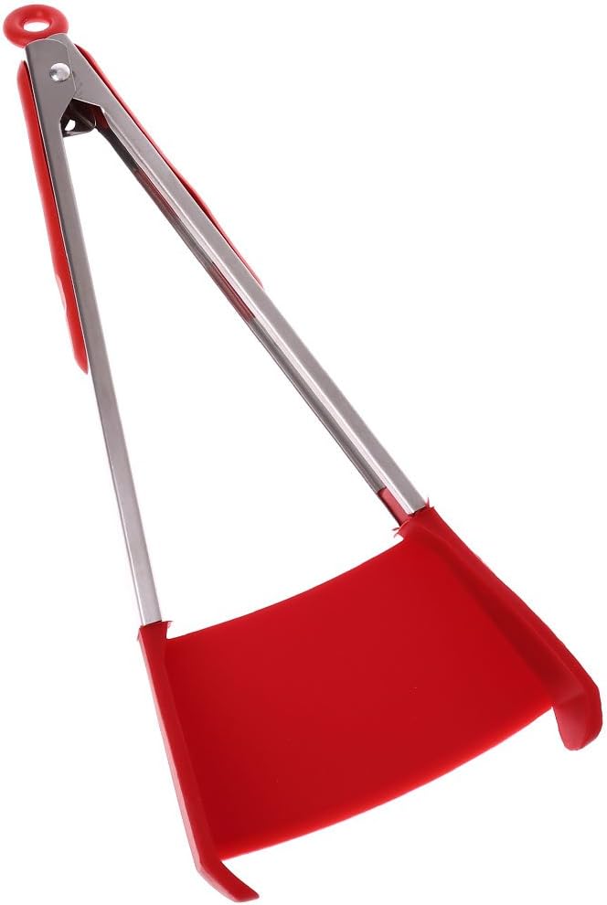 Hoiert Premium Silicone 2 in 1 Spatula & Tongs Non-Stick Heat Resistant Kitchen Salad Food Clip for Self-Serving (Red)