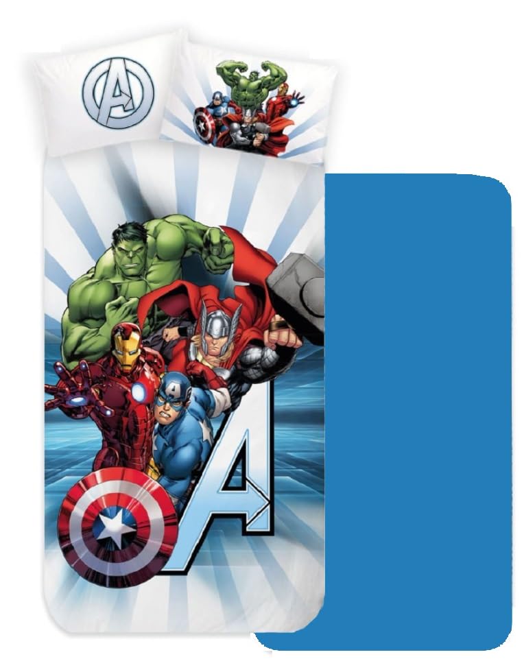 CARTOON Children's Bedding Set, 3 Piece Set, Under Fitted Sheet, Sheet, Pillowcase, Single Bed, 100% Cotton (Avengers)