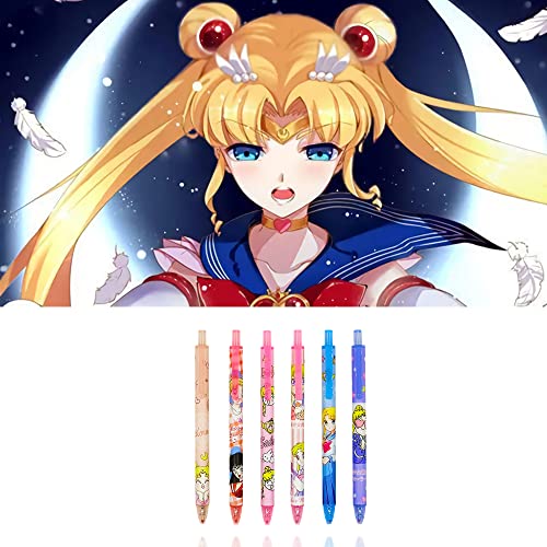 6 Pcs Kawaii Pens Anime Moon Pen Merchandise Black Ink 0.5mm Ballpoint Pens Office School Supplies for Girls Women Press Gel Pen