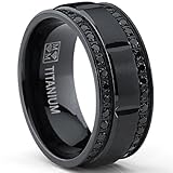 9MM Men's Black Titanium Wedding Band Ring with Double Row Black Cubic Zirconia, Comfort Fit