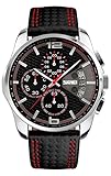 Men's Leather Chronograph Watches - VOEONS Black Red Leather Analog Quartz Sport Casual Wrist Watch for Men