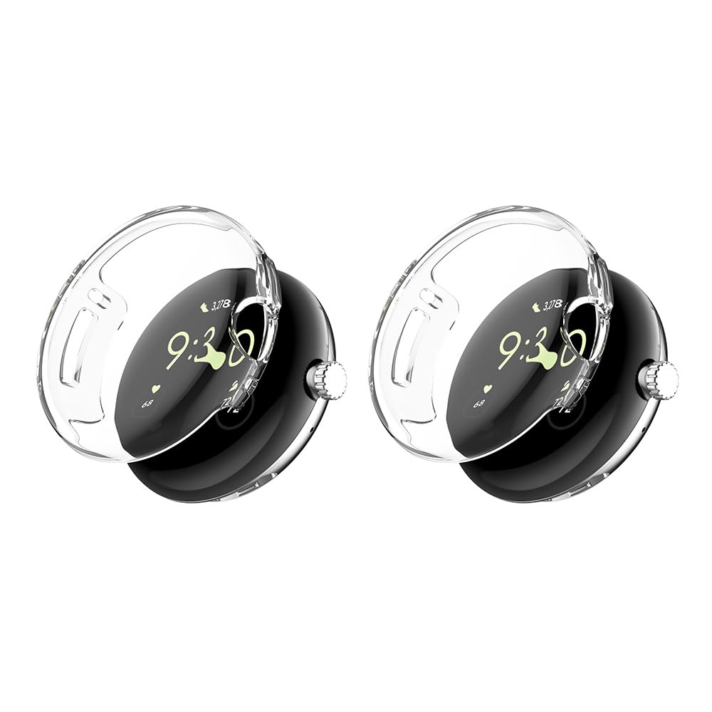 QINOUK Case for Google Pixel Watch 2 with Built in Screen Protector, [2-Pack] [Anti-Scratch] Electroplated Soft TPU Thin Cover for Google Pixel Watch 2-Clear