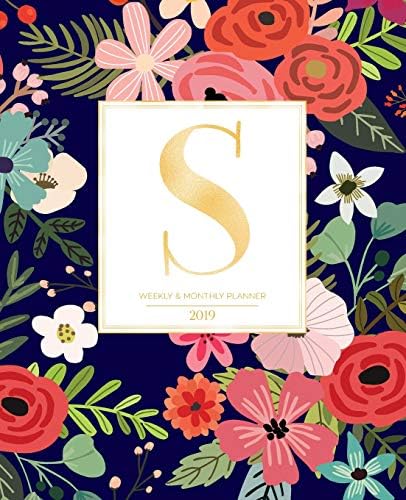 Weekly & Monthly Planner 2019: Navy Florals with Red and Colorful Flowers and Gold Monogram Letter S (7.5 x 9.25”) Horizontal AT A GLANCE Personalized Planner for Women Moms Girls and School Paperback – November 17, 2018