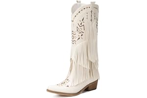 Bybmorto Cowboy Boots for Women - Fringe Knee High Cowgirl Boots with Classic Embroidery, Pointed Toe Pull on Retro Design, Perfect for Western Parties, Weddings and Events