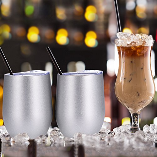 Skylety 12 oz Double-insulated Stemless Glass, Stainless Steel Tumbler Cup with Lids for Wine, Coffee, Drinks, Champagne, Cocktails, 2 Sets (Bright Silver) - Thumbnail 6
