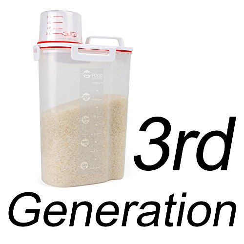 Rice Storage Containers with Airtight Design + with 4 Side Locking Lid + BPA Free Plastic + Measuring Cup + Pour Spout For Pantry Organization (2.5L Red)
