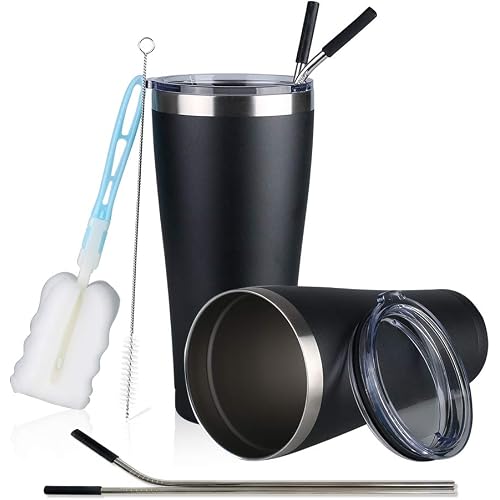 JIESSIWILL 32 oz Stainless Steel Tumbler Double Wall Vacuum Insulated Travel Mug, Durable Insulated Coffee Cup with Lid, Metal Straw and Brush (Black,2 Pack)