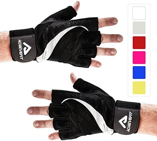 ACHIEVE FIT Weightlifting Gloves - Firm Grip, Control &amp; Comfort for Weight lifting, Crossfit Training, Gym Workout - Standard or With Wrist Wraps (PAIR) (XL, Wrist Wraps - Black White)