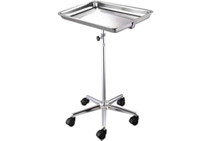ZeHuoGe Mobile Mayo Tray Adjustable Stand Trolley Stainless Steel Removable Tray with Dual Wheel Shielded Nylon Casters Stable Chrome Mobile Base