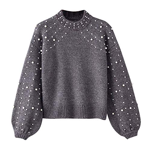Inverlee Women Winter Gray O Neck Long Sleeve Pearl Knitted Sweater Blouse Pullovers - Thumbnail 7