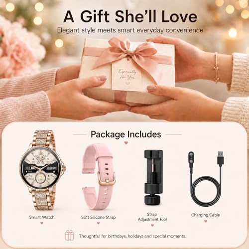 Reloj Inteligente Mujer 1,27" Smartwatch Redondo con Llamadas Bluetooth, Frecuencia Cardíaca SpO2 Sueño, 120+ Modos Deportivos, IP68 Resistente al Agua, 2 Correas, Compatible con Android iOS, Oro Rosa