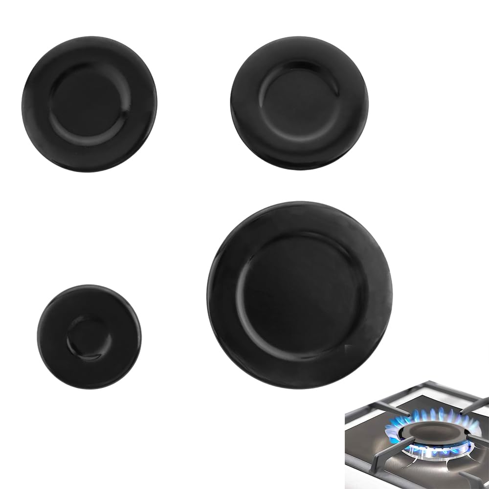 Photo 1 of Gas Stove Burner Cap Set, 4 Pack Cooker Hob Gas Burner Cap, Metal Cooker Hat Replacement Kit, Compatible with SABAF Stoves, Black Concave Oven Crown Flame Cap Cover, 3.93" x 1, 2.95" x 2, 2.2" x 1