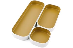 Three by Three Seattle 3 Piece Shallow Metal Organizer Tray Set for Storing Makeup, Stationery, Utensils, and More in Office Desk, Kitchen and Bathroom Drawers (1 Inch, Gold and White)