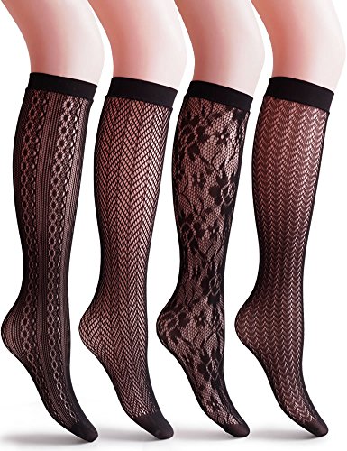 Vero monte 4 pairs women s patterned fishnet knee high socks (bla…
