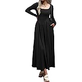 Mieazom Women Long Sleeve Square Neck Maxi Dress A-Line Pleated Flowy Elegant Party Cocktail Winter Fall Dresses with Pockets