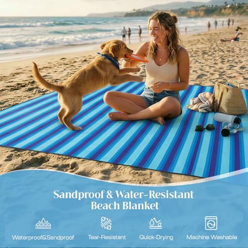 Beach Blanket Sandproof Waterproof, 213 x 213 cm (1-3 People ) Large Beach Mat with Stakes & Travel Bag, Lightweight,Quick-Dry,Portable Picnic Mat Beach Essentials for Outdoors,Cruise,Picnic & Camping