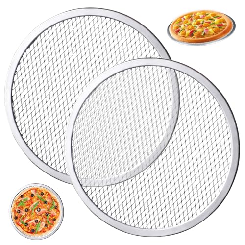 Xoeryoy 2Pcs Pizza Screen 12 Inch Thickened Non-Stick Aluminium Alloy Round Mesh Pizza Tray for Oven Heat Distribution Baking BBQ Se