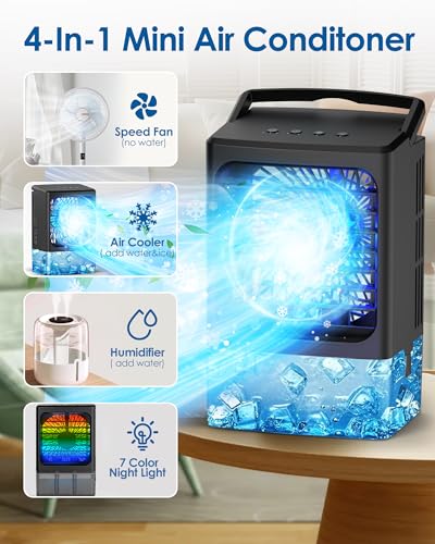 Portable Air Conditioners，Upgraded Portable AC Small Air Conditioner Personal Air Cooler Mini Evaporative Cooler 3 Wind Speed Portable Small AC with 7 Night Light for Room Home Bedroom Office