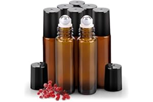 sungwoo 8 Pack Essential Oil Roller Bottles Stainless Steel, 10ml Amber Glass Roller Bottles with Caps for Travel, Perfume an
