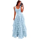 KNCERY Women’s Chiffon Tiered Ruffles Prom Dresses 2025 Spaghetti Straps A-Line Long Formal Ball Gown with Slit