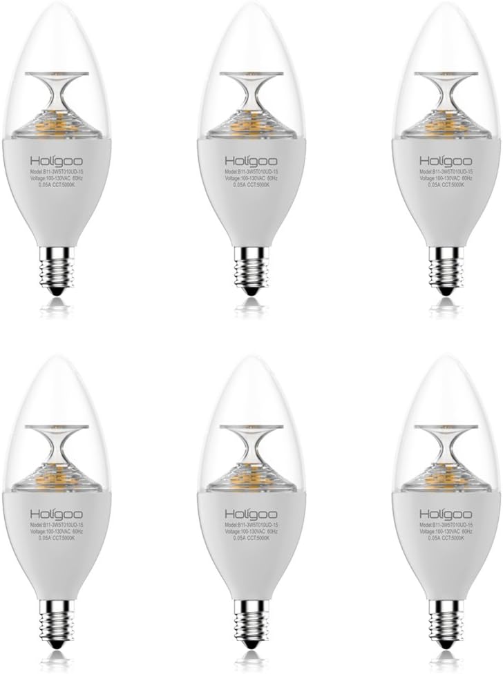 Holigoo 3.5W LED Candle Light Bulb, 5000K E12 Candelabra Bulb, 300Lm Candle Lamps Equivalent 40W Incandescent Lamp, 260 Degree Beam Angle for Chandeliers, Dining Room and Supermarket(6 Pack)