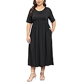 JUMPICK Women's Plus Size Midi Dresses for Curvy Women Summer Short Sleeve Casual Loose Crewneck Long Dresses with Pockets
