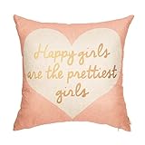 Fjfz Nursery Decor Happy Girls are The Prettiest Girls Motivational Sign Inspirational Quote Decoration Cotton Linen Home Decorative Throw Pillow Case Cushion Cover Sofa Couch, Blush Pink, 18" x 18"