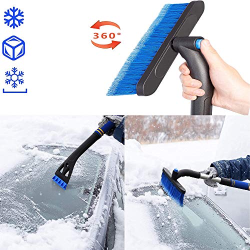 DIY home Ice Scraper for Car Windshield,360° Pivoting Head Extendable Telescopic Snow Brush with Foam Grip, Windshield Frost Ice Remover Tool 26”-32” (Blue)