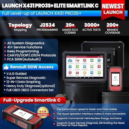 LAUNCH X431 PRO3S+ Elite SmartlinkC2.0 J2534 Car Diagnostic Case Bi-Directional Topology OE, 60+ Maintenance ECU Coding Remote Diagnostic Intelligent CANFD/DOIP/J2534