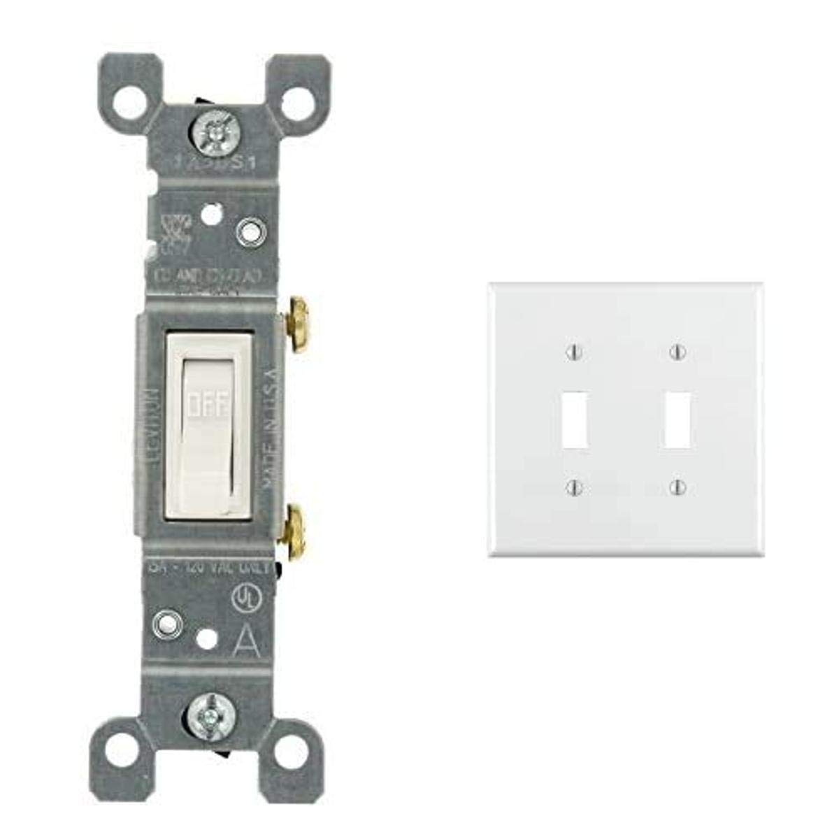 Leviton 1451-2WM 15 Amp, Toggle Framed Single-Pole Ac Quiet Switch, 10-Pack, White and 10 of Leviton 80709-W 2-Toggle Standard Size Wall Plate,2 Gang, 4.5 In L X 4.56 In W 0.22 In T,1-pack, White