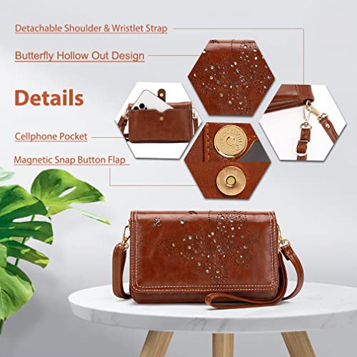 APHISON Multi-Function Small Crossbody Bags For Women,Cell Phone Shoulder Bag,Clutch Purse,RFID Wristlet Wallet,Card Holder - RED-BROWN