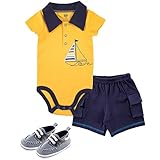 Hudson Baby Bodysuit, Cargo Shorts and Shoes Set, Sailboat, 6-9 Months