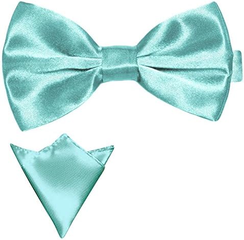 GASSANI Mint Blue Green Mens Shiny Satin Pretied Adjustable Bow Tie &amp; Hanky