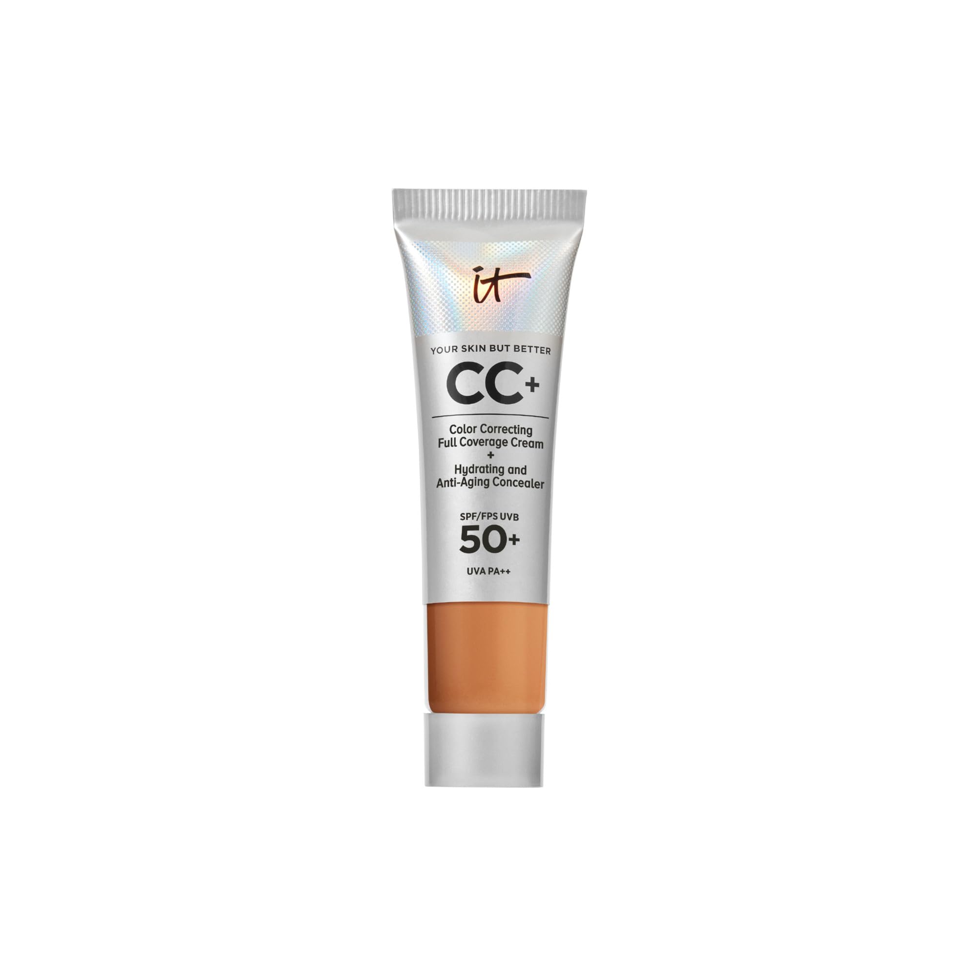 iT Cosmetics CC+ Cream SPF 50+ Travel Size Full-Coverage Colour Correcting Foundation, Hydrating Skincare, Hyaluronic Acid & Niacinamide, Radiant Finish, Shade: Tan,12ml