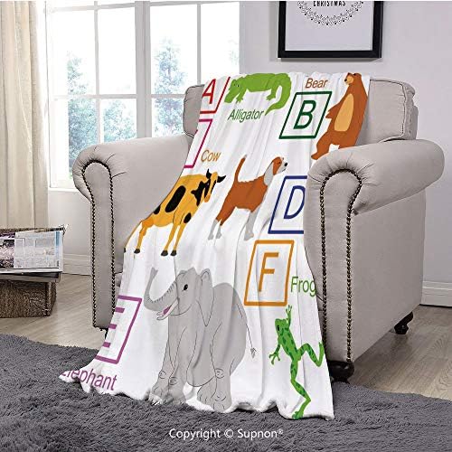 Printing Blanket Coral Plush Super Soft Decorative Throw Blanket,Educational,Alphabet Letters with Cute Zoo Animals Kids Fun Preschool Teaching Collection Decorative,Multicolor(59" x 59")