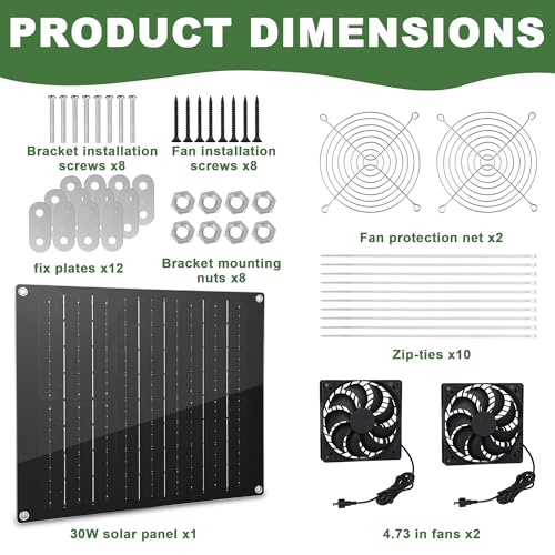 Solar Fan, 30W Solar Powered Fan, Solar Panel Fan Kit, IPX7 Waterproof Fans Exhaust Intake Mounting for Outside Greenhouse Shed Chicken Coop