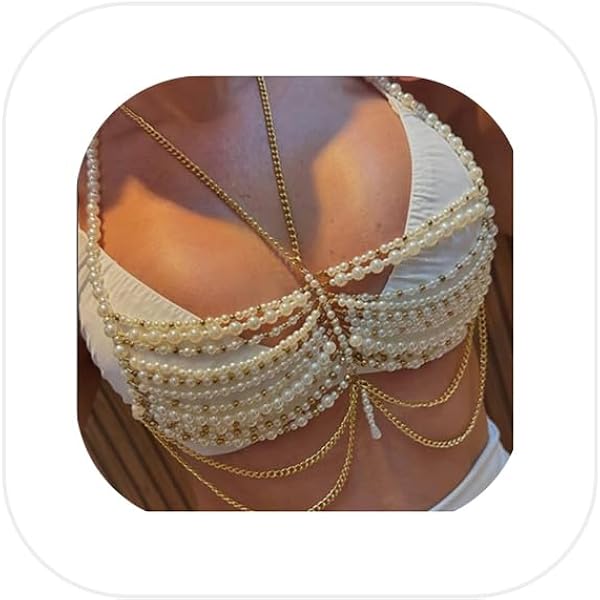 Multi-layered pearl body chain, body jewelry, rose gold-tone accents and tassel Pearl Body Chain Necklace for Women, Adjustable Multi Layer  main image 2
