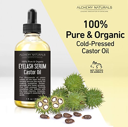 Castor Oil USDA Certified Organic, 100% Pure, Cold Pressed, Hexane-Free by Alchemy. Stimulate Growth for Eyelashes, Eyebrows, Hair. Lash Growth Serum, Brow Treatment. Deluxe Mascara Kit Included