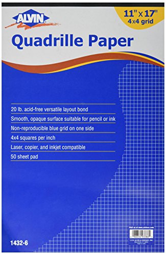 Alvin Quadrille 4x4 Grid Paper, 11" x 17" Sheets; Smooth Opaque Surface; 20 Lb Basis; Laser, Copier, and Inkjet Compatible; 50 Sheets per Pad (1432-6)