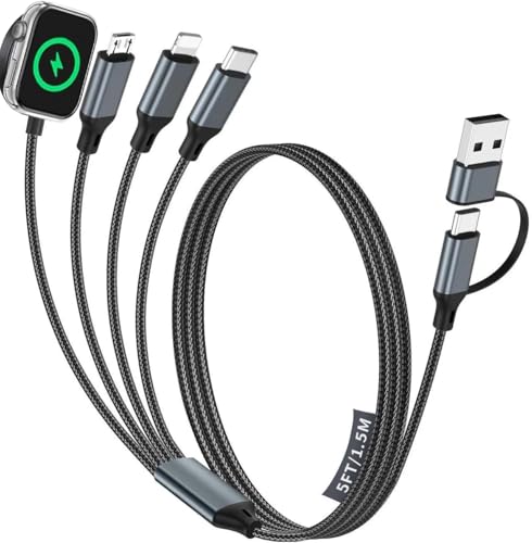 Travel Cruise Essentials 2026, 4 in 2 Multi Charging Cable with IP/iWatch/Micro USB/Type C Port, USB C/USB A Phone Watch Charger Cord Compatible with Apple Watch Ultra/SE/11-2, for iPhone17-8, Car-5FT